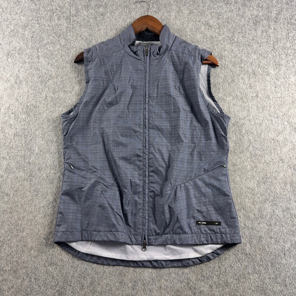 Nike Running Vest Womens Medium Gray Grid Full Zip Mock Neck Pockets Sleeveless